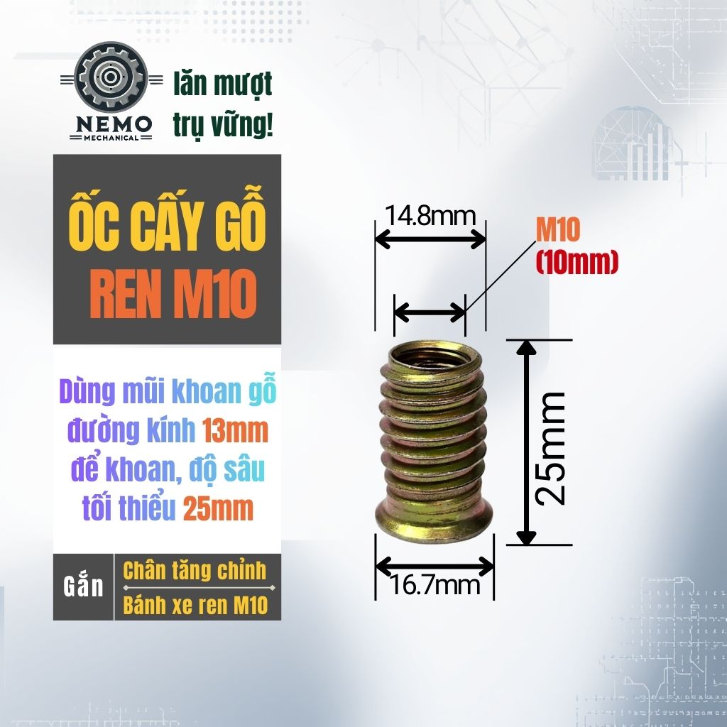 Pas Đồng Tiền & Ốc Cấy Gỗ M8/M10 – Giải Pháp Lắp Bánh Xe & Chân Tăng Chỉnh Cho Đồ Gỗ